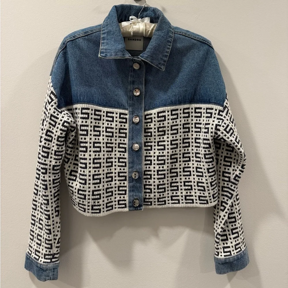 Sandro Blue and White Cropped Denim Jacket - Picture 6 of 10